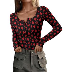imagePRETTYGARDEN Womens 2025 Summer Fall Long Sleeve Henley T Shirts Button Ribbed Knit Slim Fit Casual Basic Tops BlouseSmall Heart