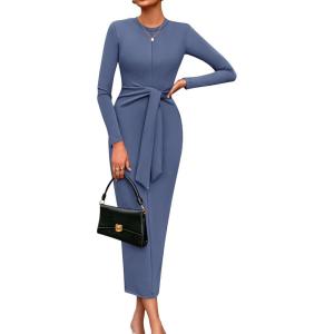 imagePRETTYGARDEN Womens 2025 Wedding Guest Midi Dresses Semi Formal Long Sleeve Bodycon Tie Waist Cocktail Fall Fashion ClothesDusty Blue
