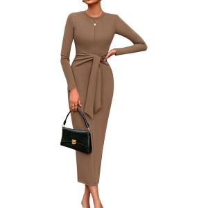 imagePRETTYGARDEN Womens 2025 Wedding Guest Midi Dresses Semi Formal Long Sleeve Bodycon Tie Waist Cocktail Fall Fashion ClothesKhaki
