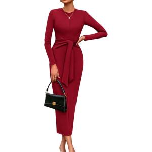imagePRETTYGARDEN Womens 2025 Wedding Guest Midi Dresses Semi Formal Long Sleeve Bodycon Tie Waist Cocktail Fall Fashion ClothesRed