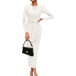 imagePRETTYGARDEN Womens 2025 Wedding Guest Midi Dresses Semi Formal Long Sleeve Bodycon Tie Waist Cocktail Fall Fashion ClothesWhite