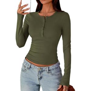 imagePRETTYGARDEN Womens Casual Long Sleeve Tops 2025 Fall Crew Neck Fitted Henley Shirts Basic Tee Blouse Knit Going Out OutfitsArmy Green