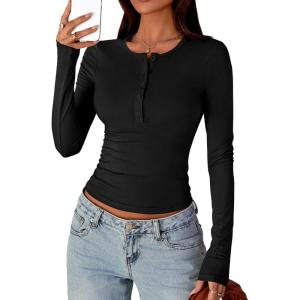 imagePRETTYGARDEN Womens Casual Long Sleeve Tops 2025 Fall Crew Neck Fitted Henley Shirts Basic Tee Blouse Knit Going Out OutfitsBlack