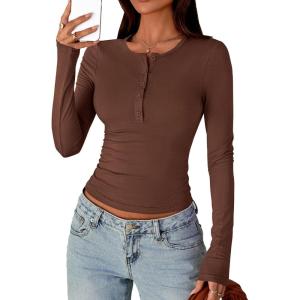 imagePRETTYGARDEN Womens Casual Long Sleeve Tops 2025 Fall Crew Neck Fitted Henley Shirts Basic Tee Blouse Knit Going Out OutfitsBrown