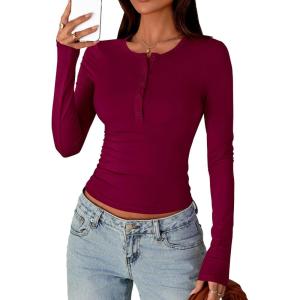 imagePRETTYGARDEN Womens Casual Long Sleeve Tops 2025 Fall Crew Neck Fitted Henley Shirts Basic Tee Blouse Knit Going Out OutfitsWine Red