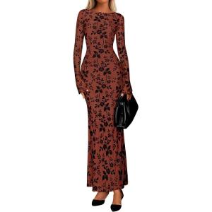 imagePRETTYGARDEN Womens Floral Bodycon Maxi Dress 2025 Fall Elegant Mesh Long Sleeve Formal Wedding Guest Cocktail DressesRust