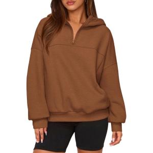 imagePRETTYGARDEN Womens Hoodies Cropped Fleece Sweatshirts 2025 Fall Fashion Quarter Zip Pullover Long Sleeve Tops Winter ClothesBrown