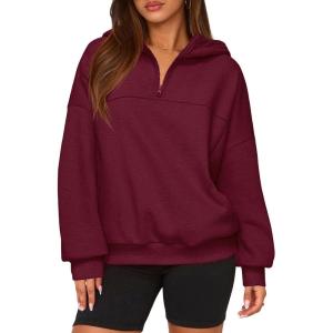 imagePRETTYGARDEN Womens Hoodies Cropped Fleece Sweatshirts 2025 Fall Fashion Quarter Zip Pullover Long Sleeve Tops Winter ClothesBurgundy