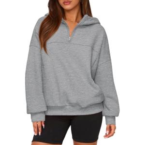 imagePRETTYGARDEN Womens Hoodies Cropped Fleece Sweatshirts 2025 Fall Fashion Quarter Zip Pullover Long Sleeve Tops Winter ClothesGrey