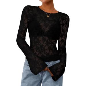 imagePRETTYGARDEN Womens Lace Long Bell Sleeve Tops 2025 Fall Sexy See Through Sheer Floral Blouse Shirt Fitted Going Out OutfitsBlack