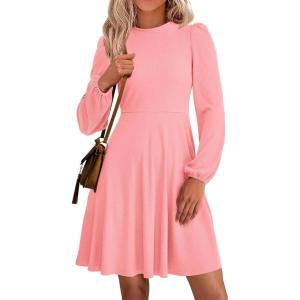 imagePRETTYGARDEN Womens Long Sleeve Mini Dress 2025 Fall Trendy Crewneck Ribbed Knit Soft A Line Flowy Summer Formal DressesPink