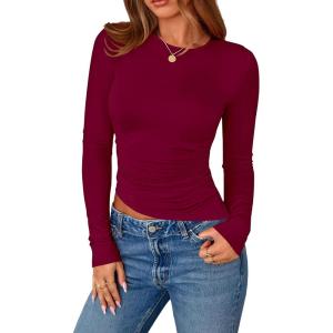 imagePRETTYGARDEN Womens Long Sleeve Shirts 2025 Fall Trendy Crewneck Slim Fit Asymmetrical Going Out Tops Ruched Tee Y2k ClothesWine Red