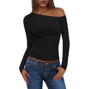imagePRETTYGARDEN Womens Off Shoulder Long Sleeve Shirts 2025 Fall Ruched Fitted Asymmetrical Going Out Tops Trendy Y2K ClothesBlack