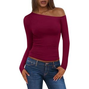 imagePRETTYGARDEN Womens Off Shoulder Long Sleeve Shirts 2025 Fall Ruched Fitted Asymmetrical Going Out Tops Trendy Y2K ClothesBurgundy
