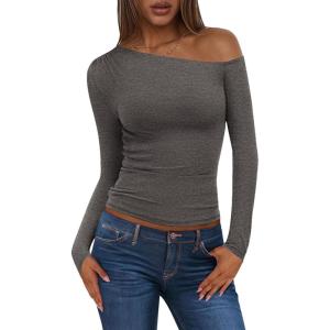 imagePRETTYGARDEN Womens Off Shoulder Long Sleeve Shirts 2025 Fall Ruched Fitted Asymmetrical Going Out Tops Trendy Y2K ClothesDark Grey