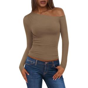 imagePRETTYGARDEN Womens Off Shoulder Long Sleeve Shirts 2025 Fall Ruched Fitted Asymmetrical Going Out Tops Trendy Y2K ClothesKhaki