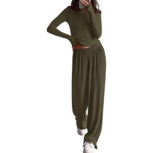 imagePRETTYGARDN Fall Outfits For Women 2025 Soft Pajamas Two Piece Lounge Sets Long Sleeve Shirts Wide Leg Pants TracksuitArmy Green