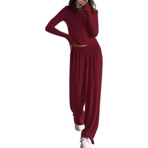imagePRETTYGARDN Fall Outfits For Women 2025 Soft Pajamas Two Piece Lounge Sets Long Sleeve Shirts Wide Leg Pants TracksuitBurgundy