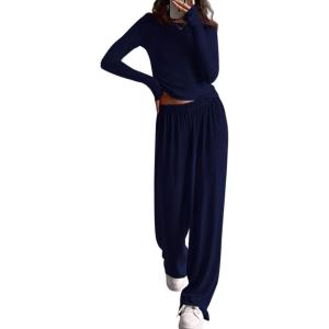 imagePRETTYGARDN Fall Outfits For Women 2025 Soft Pajamas Two Piece Lounge Sets Long Sleeve Shirts Wide Leg Pants TracksuitNavy Blue