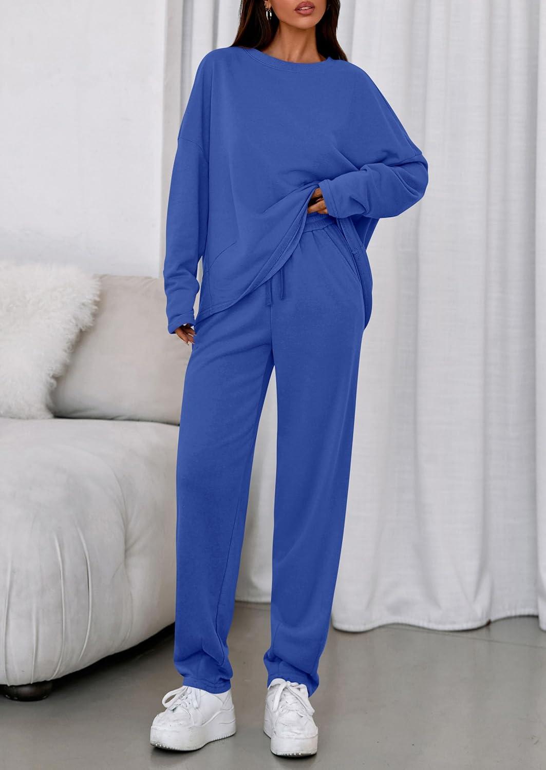 imagePRETTYGARDEN Womens 2 Piece Matching Lounge Sets 2025 Fall Long Sleeve Boatneck Sweatsuit Drawstring Sweatpants PocketsBlue