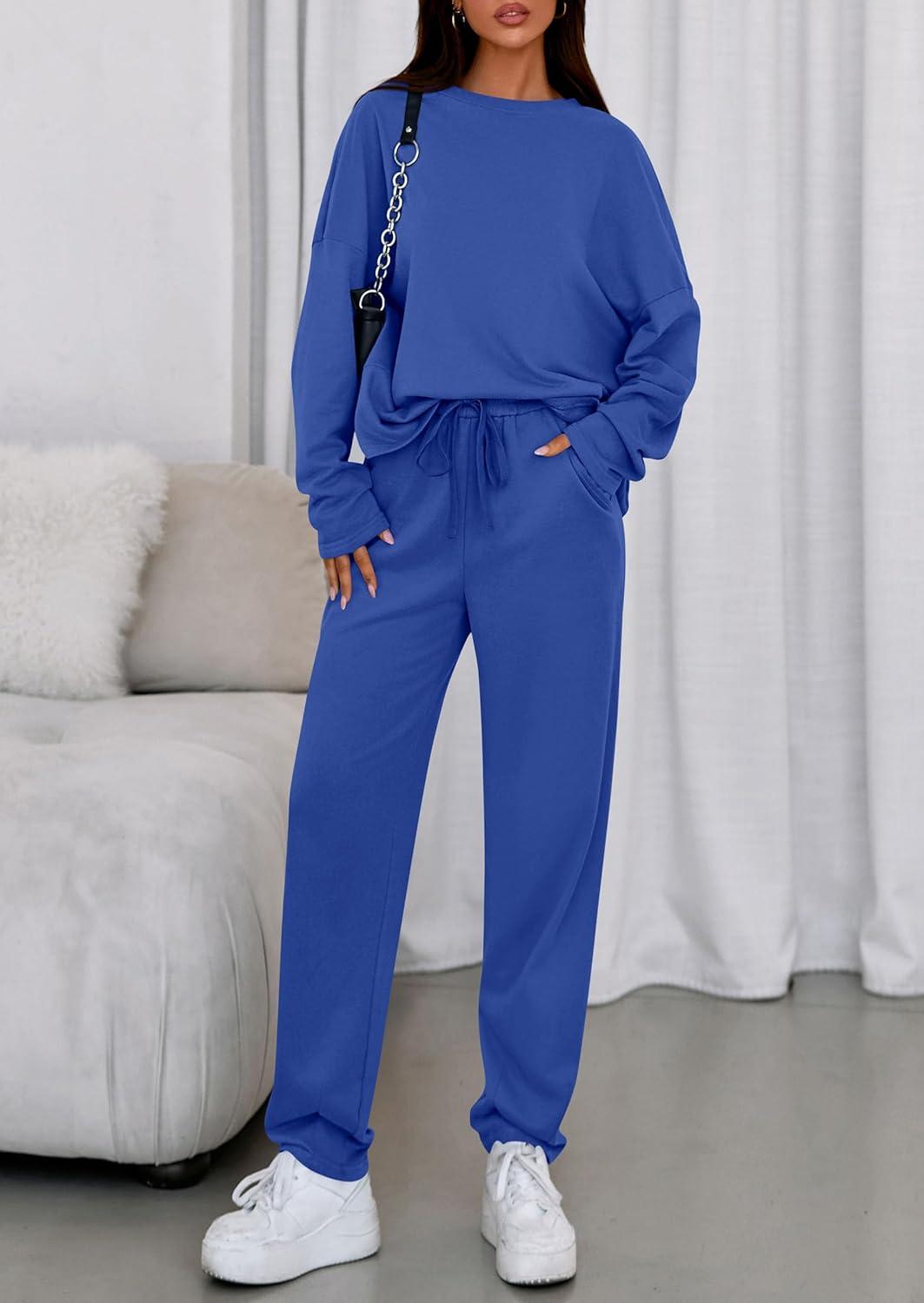 imagePRETTYGARDEN Womens 2 Piece Matching Lounge Sets 2025 Fall Long Sleeve Boatneck Sweatsuit Drawstring Sweatpants PocketsBlue