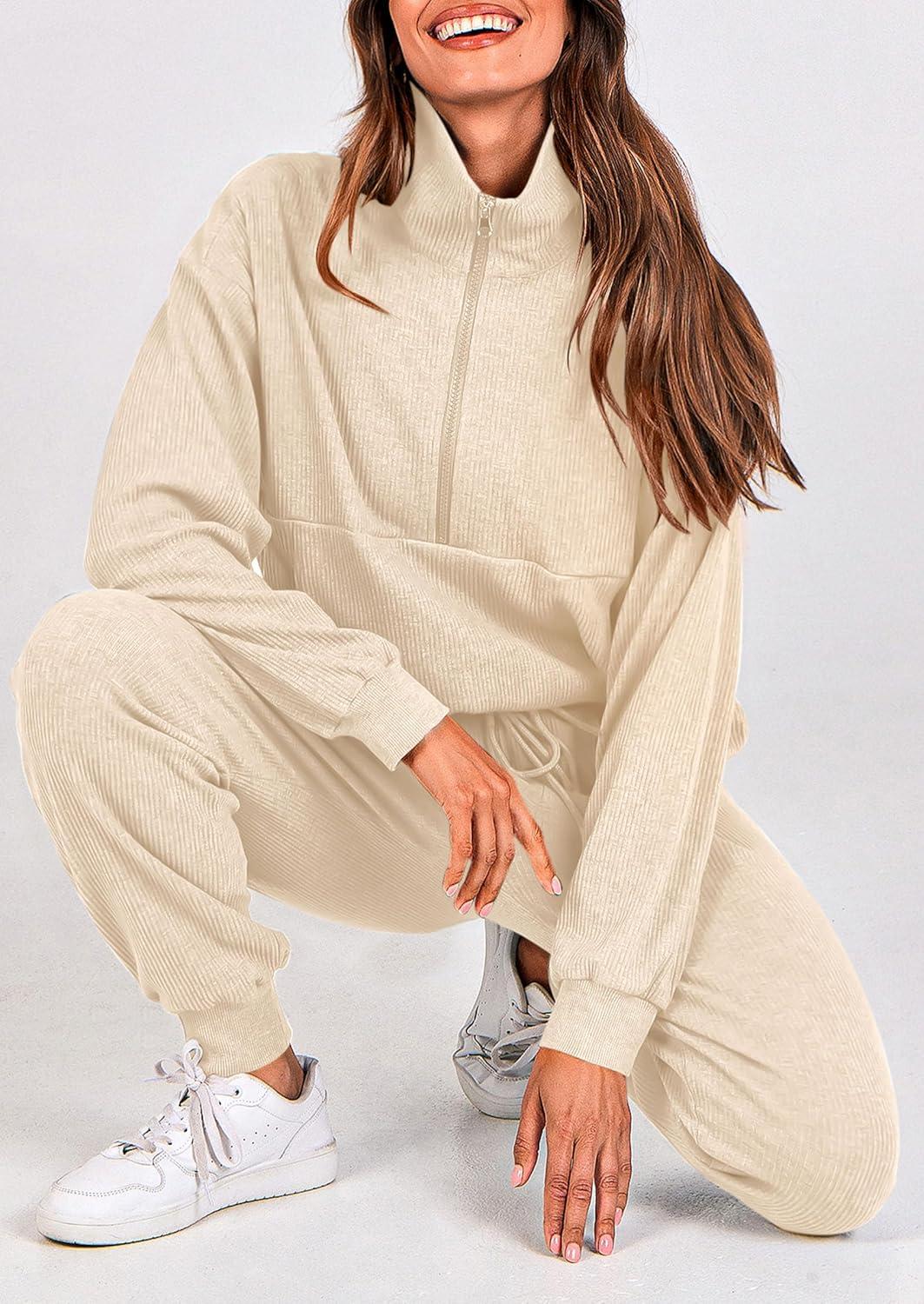 imagePRETTYGARDEN Womens Fall 2 Piece Lounge Sets Zip Up Sweatshirt Jogger Pants Sweat Track Suits Travel Outfit Winter ClothingApricot