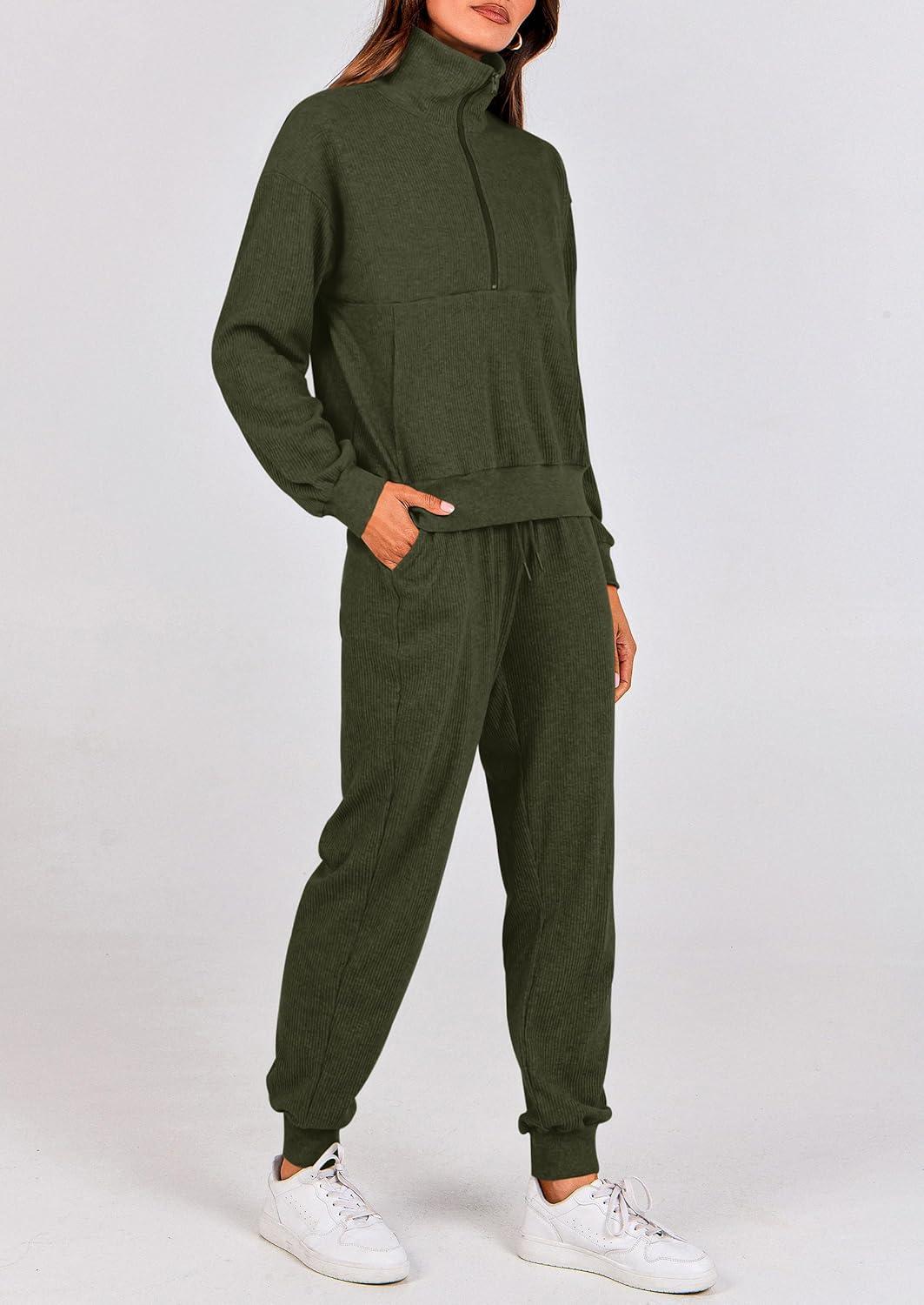 imagePRETTYGARDEN Womens Fall 2 Piece Lounge Sets Zip Up Sweatshirt Jogger Pants Sweat Track Suits Travel Outfit Winter ClothingArmy Green