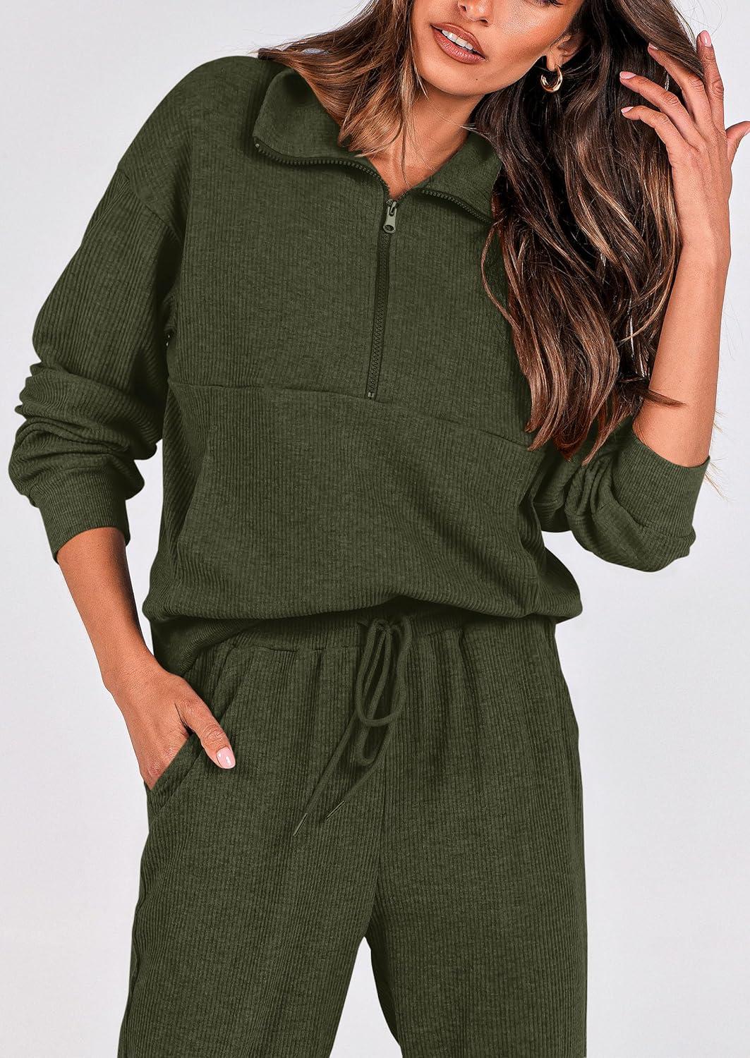 imagePRETTYGARDEN Womens Fall 2 Piece Lounge Sets Zip Up Sweatshirt Jogger Pants Sweat Track Suits Travel Outfit Winter ClothingArmy Green