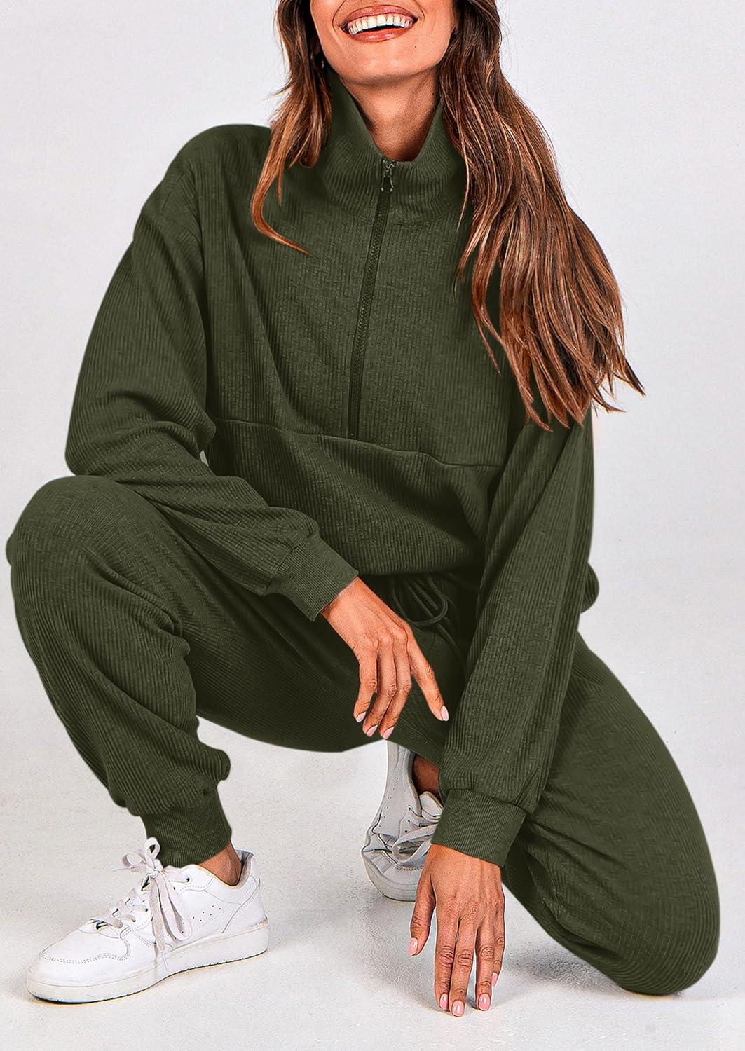 imagePRETTYGARDEN Womens Fall 2 Piece Lounge Sets Zip Up Sweatshirt Jogger Pants Sweat Track Suits Travel Outfit Winter ClothingArmy Green