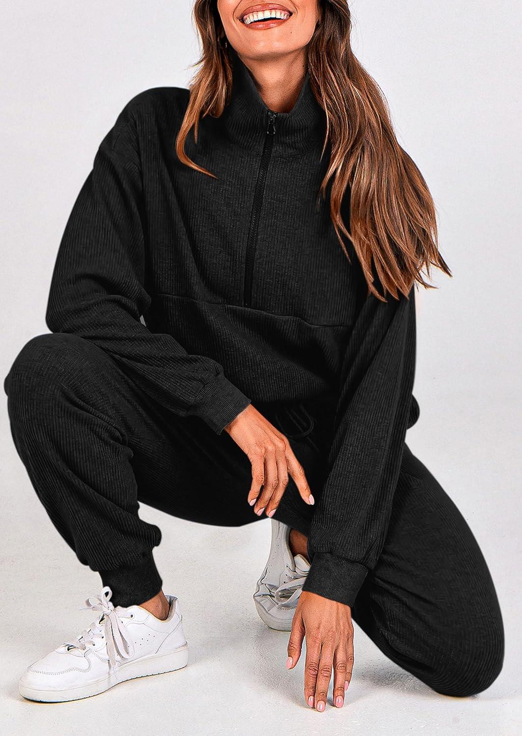 imagePRETTYGARDEN Womens Fall 2 Piece Lounge Sets Zip Up Sweatshirt Jogger Pants Sweat Track Suits Travel Outfit Winter ClothingBlack