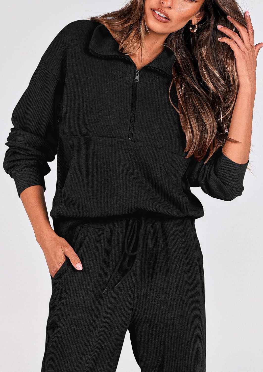 imagePRETTYGARDEN Womens Fall 2 Piece Lounge Sets Zip Up Sweatshirt Jogger Pants Sweat Track Suits Travel Outfit Winter ClothingBlack