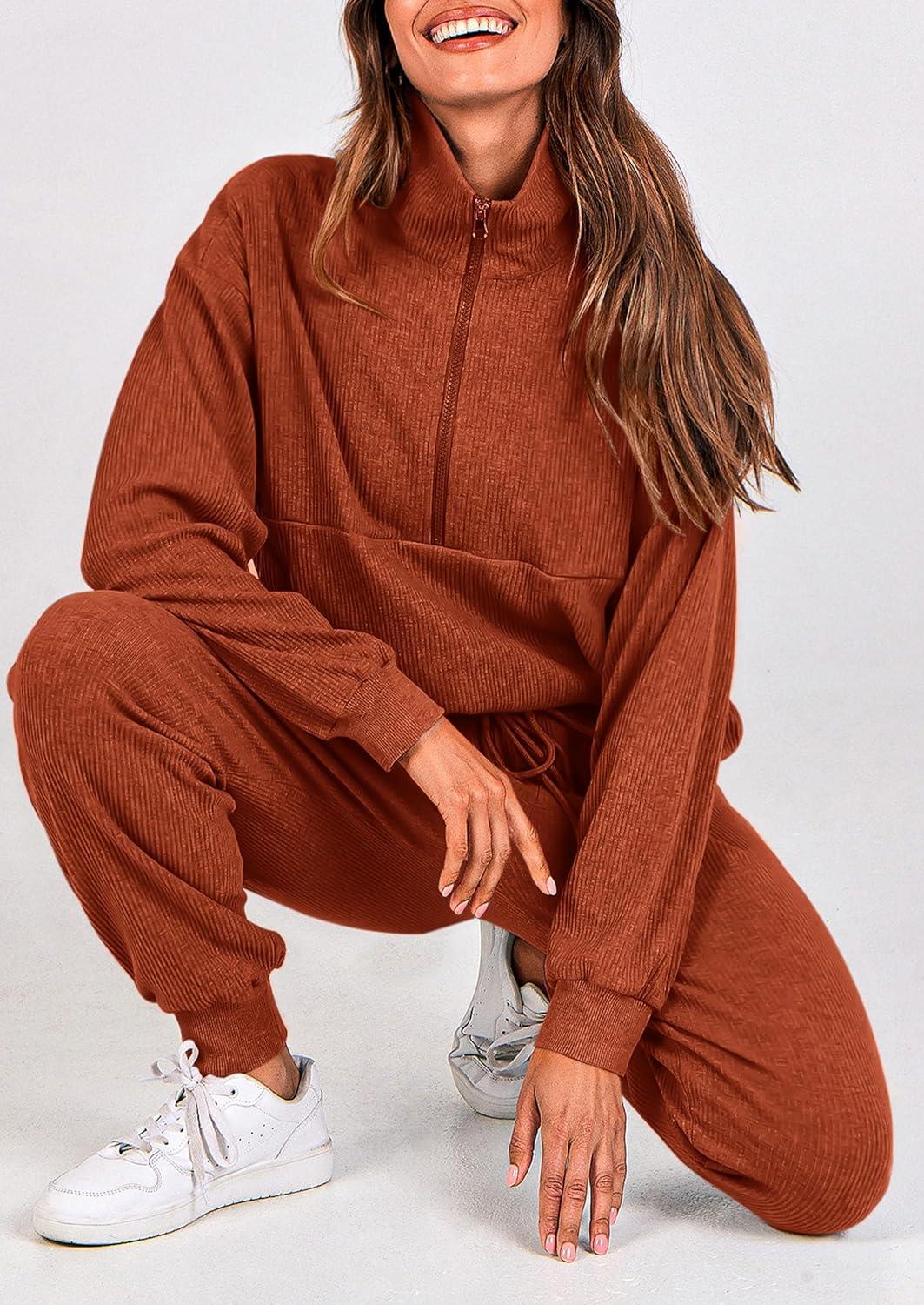 imagePRETTYGARDEN Womens Fall 2 Piece Lounge Sets Zip Up Sweatshirt Jogger Pants Sweat Track Suits Travel Outfit Winter ClothingBrick Red