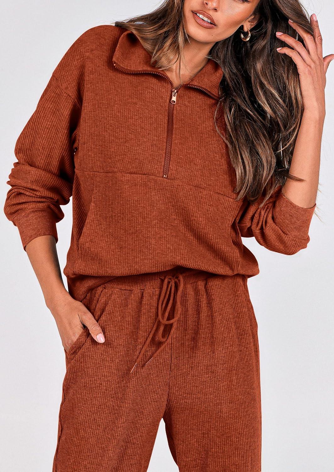 imagePRETTYGARDEN Womens Fall 2 Piece Lounge Sets Zip Up Sweatshirt Jogger Pants Sweat Track Suits Travel Outfit Winter ClothingBrick Red