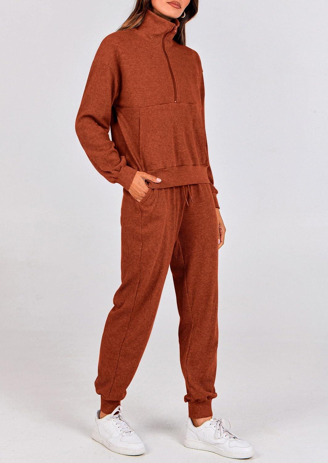 imagePRETTYGARDEN Womens Fall 2 Piece Lounge Sets Zip Up Sweatshirt Jogger Pants Sweat Track Suits Travel Outfit Winter ClothingBrick Red