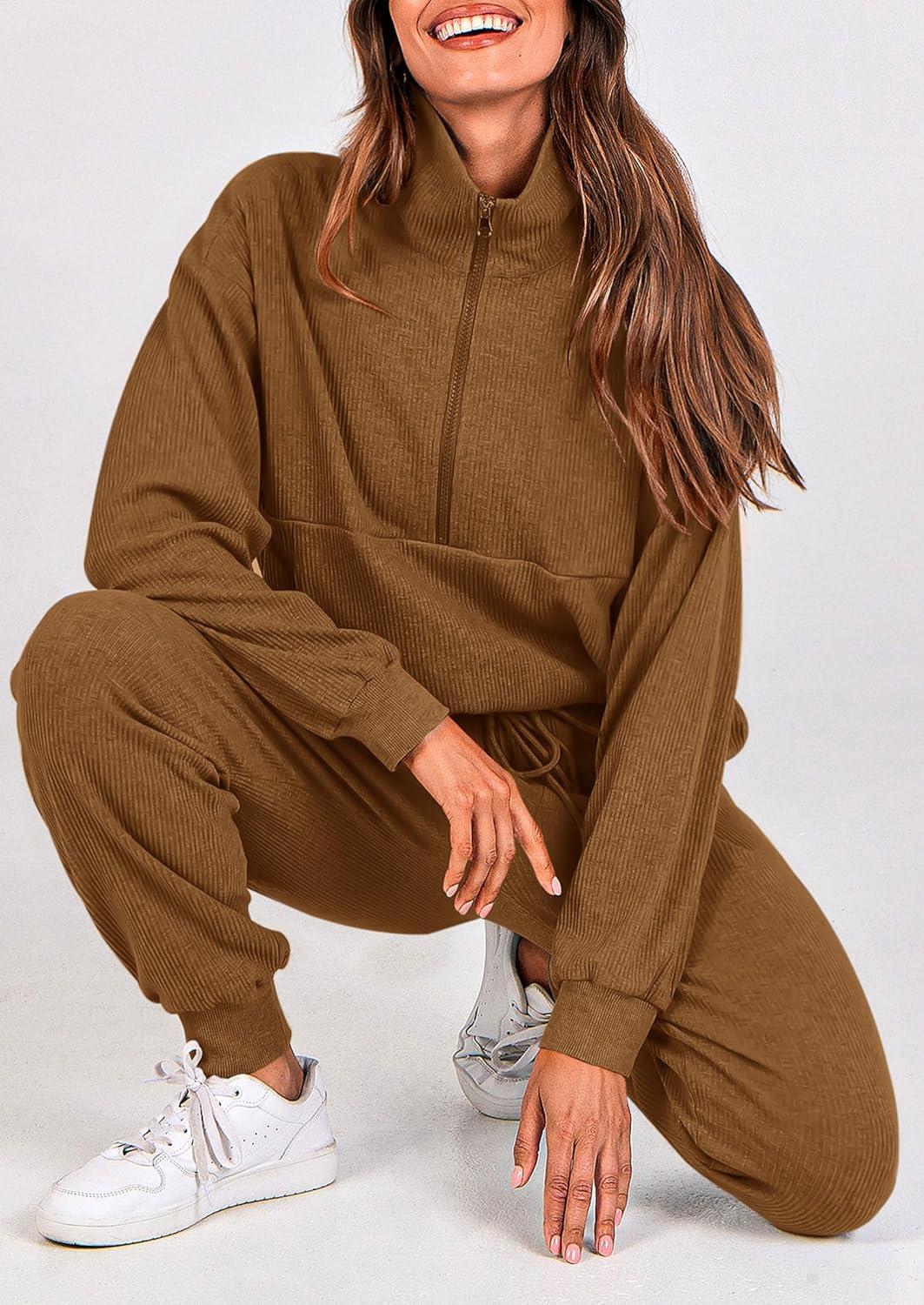 imagePRETTYGARDEN Womens Fall 2 Piece Lounge Sets Zip Up Sweatshirt Jogger Pants Sweat Track Suits Travel Outfit Winter ClothingBrown