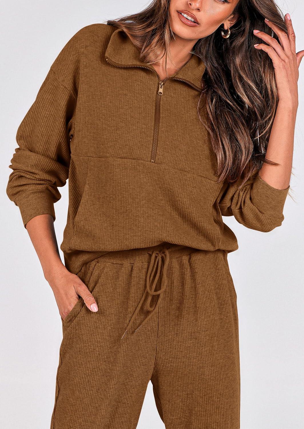 imagePRETTYGARDEN Womens Fall 2 Piece Lounge Sets Zip Up Sweatshirt Jogger Pants Sweat Track Suits Travel Outfit Winter ClothingBrown