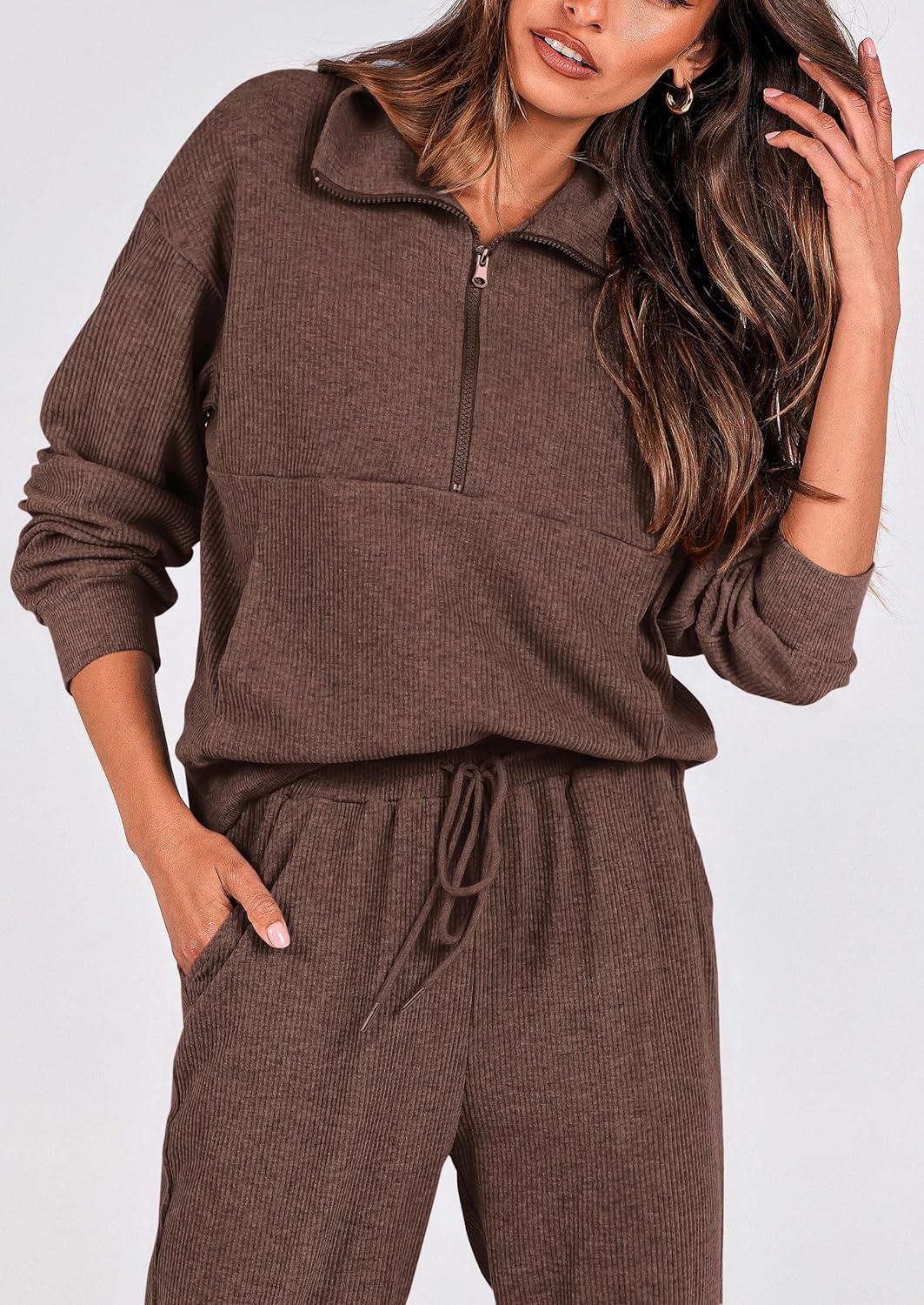 imagePRETTYGARDEN Womens Fall 2 Piece Lounge Sets Zip Up Sweatshirt Jogger Pants Sweat Track Suits Travel Outfit Winter ClothingCoffee