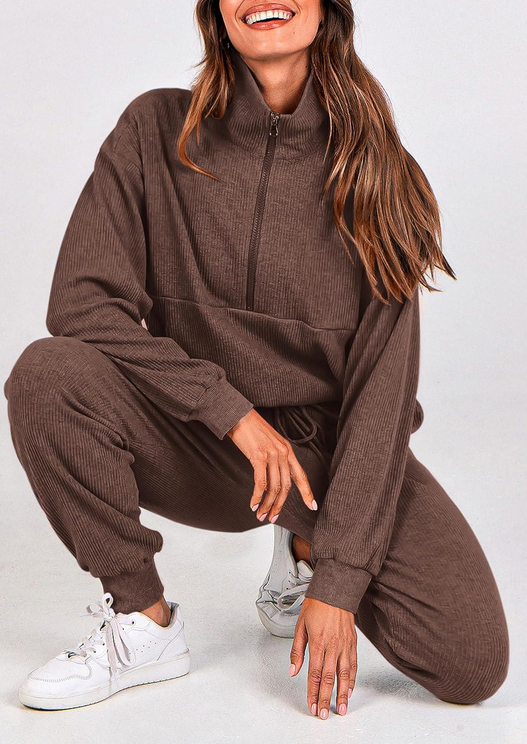 imagePRETTYGARDEN Womens Fall 2 Piece Lounge Sets Zip Up Sweatshirt Jogger Pants Sweat Track Suits Travel Outfit Winter ClothingCoffee