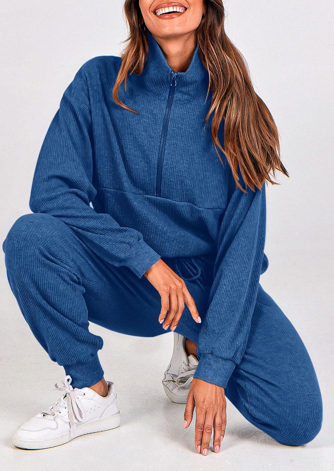 imagePRETTYGARDEN Womens Fall 2 Piece Lounge Sets Zip Up Sweatshirt Jogger Pants Sweat Track Suits Travel Outfit Winter ClothingDark Blue