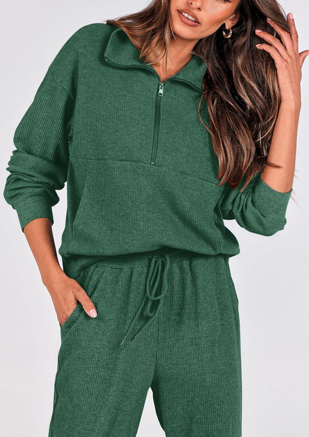 imagePRETTYGARDEN Womens Fall 2 Piece Lounge Sets Zip Up Sweatshirt Jogger Pants Sweat Track Suits Travel Outfit Winter ClothingDark Green