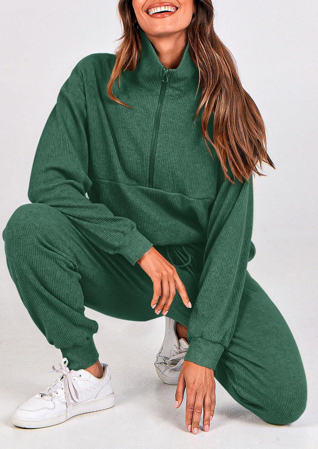 imagePRETTYGARDEN Womens Fall 2 Piece Lounge Sets Zip Up Sweatshirt Jogger Pants Sweat Track Suits Travel Outfit Winter ClothingDark Green