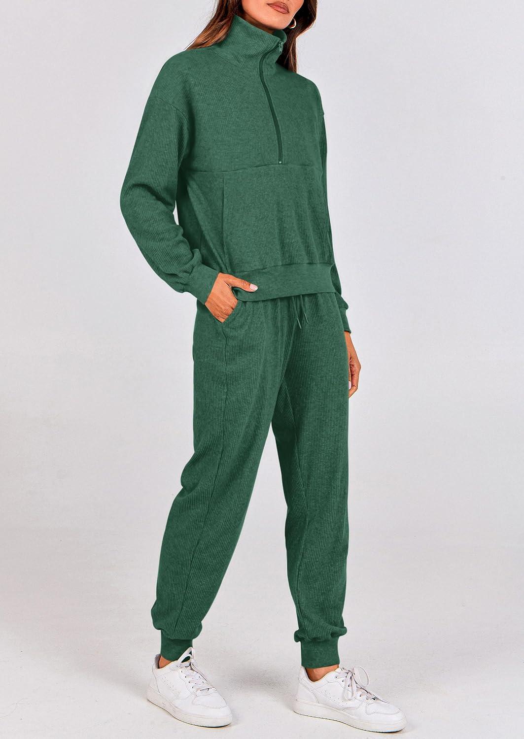 imagePRETTYGARDEN Womens Fall 2 Piece Lounge Sets Zip Up Sweatshirt Jogger Pants Sweat Track Suits Travel Outfit Winter ClothingDark Green