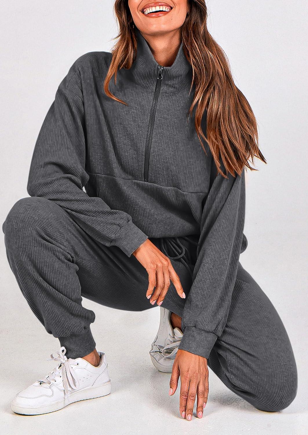 imagePRETTYGARDEN Womens Fall 2 Piece Lounge Sets Zip Up Sweatshirt Jogger Pants Sweat Track Suits Travel Outfit Winter ClothingDark Grey