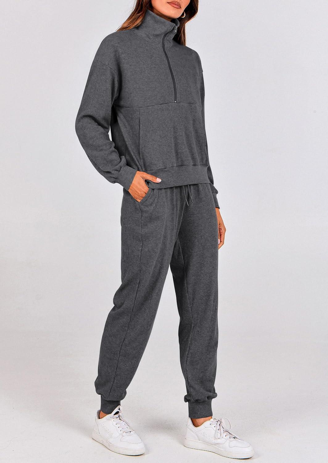 imagePRETTYGARDEN Womens Fall 2 Piece Lounge Sets Zip Up Sweatshirt Jogger Pants Sweat Track Suits Travel Outfit Winter ClothingDark Grey