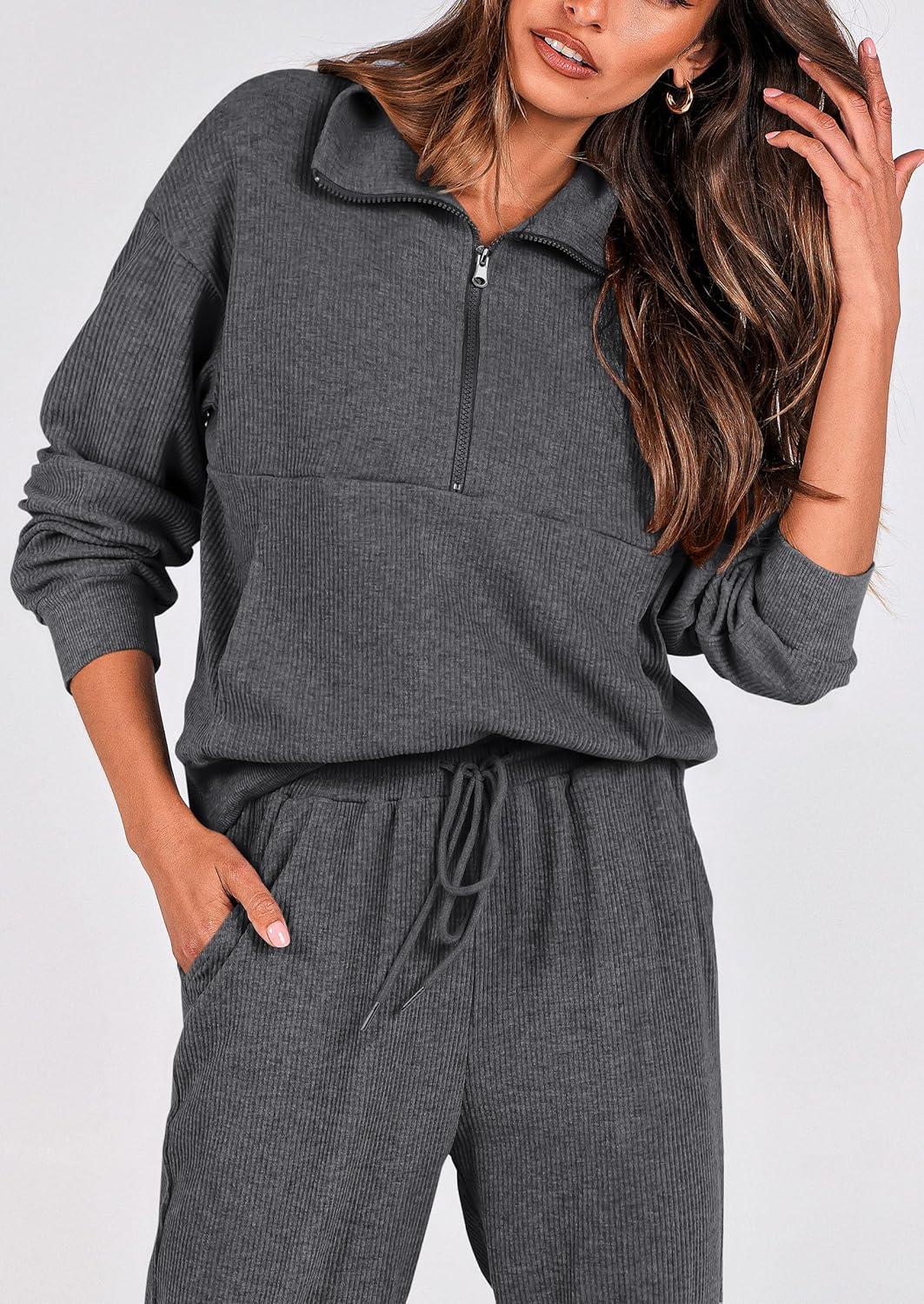 imagePRETTYGARDEN Womens Fall 2 Piece Lounge Sets Zip Up Sweatshirt Jogger Pants Sweat Track Suits Travel Outfit Winter ClothingDark Grey