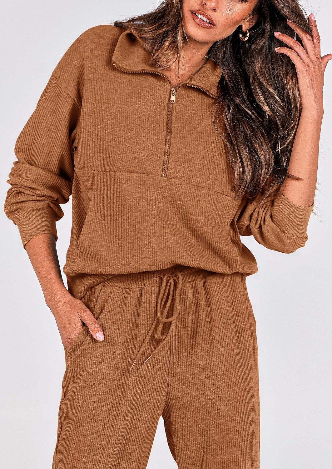 imagePRETTYGARDEN Womens Fall 2 Piece Lounge Sets Zip Up Sweatshirt Jogger Pants Sweat Track Suits Travel Outfit Winter ClothingDark Khaki