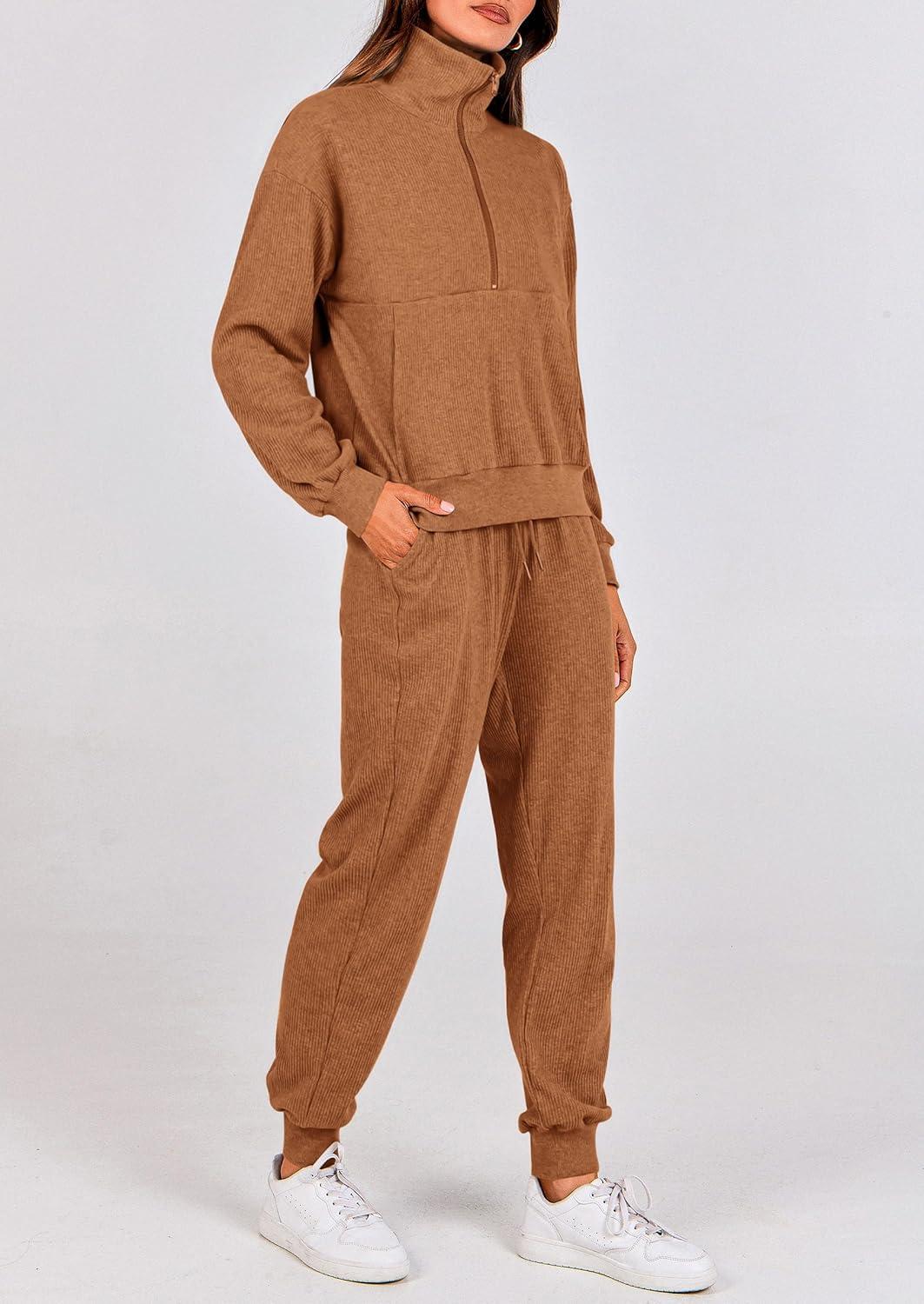imagePRETTYGARDEN Womens Fall 2 Piece Lounge Sets Zip Up Sweatshirt Jogger Pants Sweat Track Suits Travel Outfit Winter ClothingDark Khaki