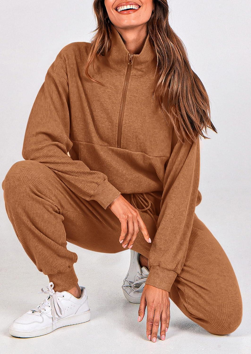 imagePRETTYGARDEN Womens Fall 2 Piece Lounge Sets Zip Up Sweatshirt Jogger Pants Sweat Track Suits Travel Outfit Winter ClothingDark Khaki