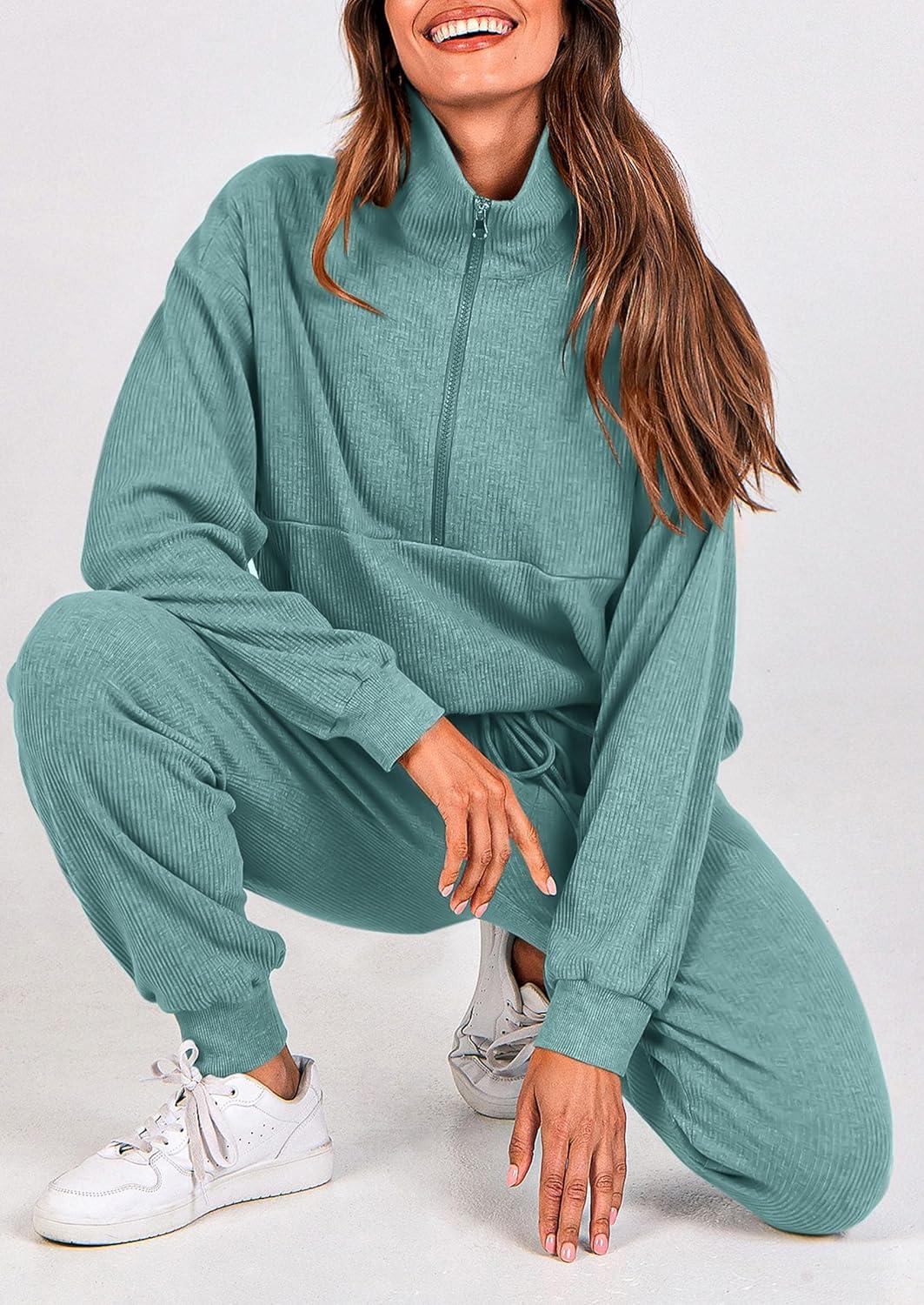 imagePRETTYGARDEN Womens Fall 2 Piece Lounge Sets Zip Up Sweatshirt Jogger Pants Sweat Track Suits Travel Outfit Winter ClothingFruit Green