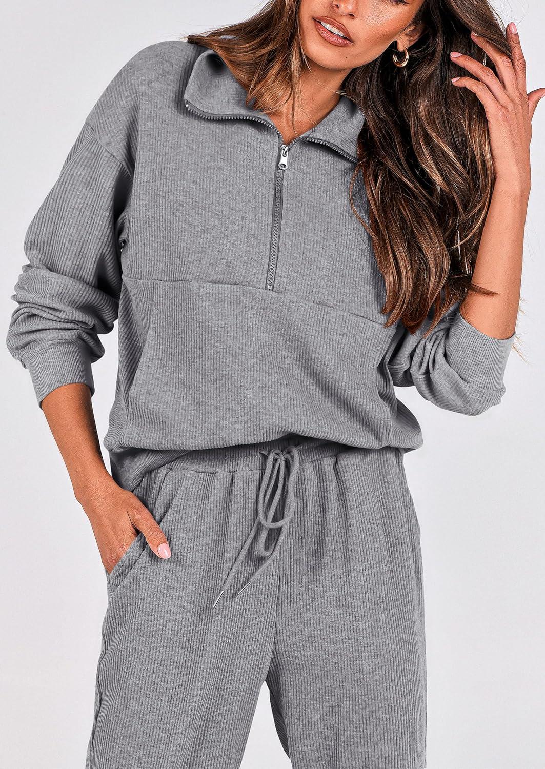 imagePRETTYGARDEN Womens Fall 2 Piece Lounge Sets Zip Up Sweatshirt Jogger Pants Sweat Track Suits Travel Outfit Winter ClothingGrey